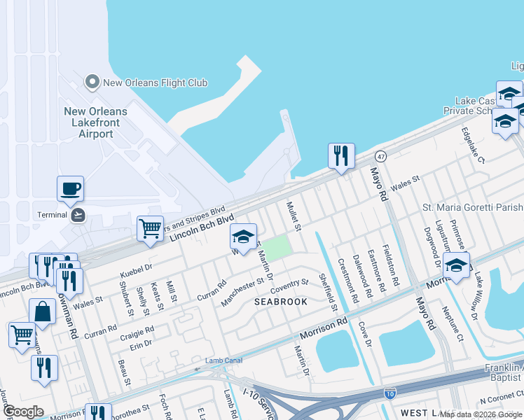 map of restaurants, bars, coffee shops, grocery stores, and more near 52 Martin Drive in New Orleans