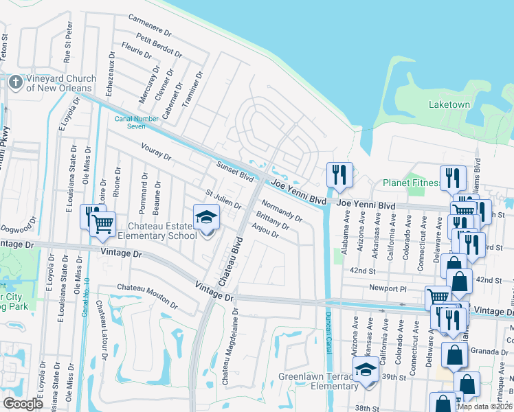 map of restaurants, bars, coffee shops, grocery stores, and more near 4218 Chateau Boulevard in Kenner