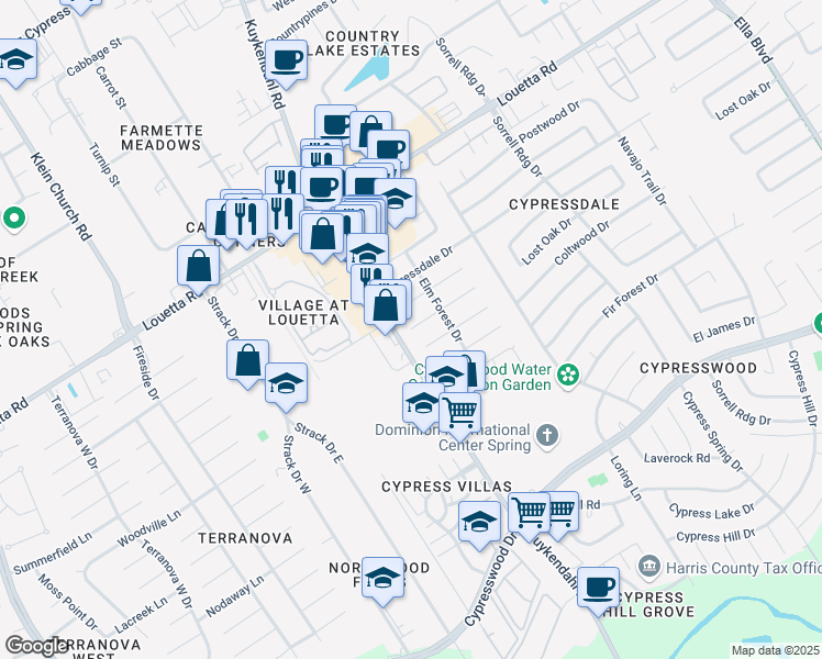map of restaurants, bars, coffee shops, grocery stores, and more near 5153 Lost Oak Drive in Spring