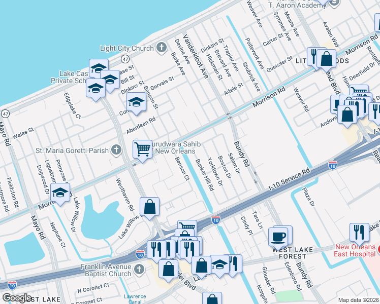 map of restaurants, bars, coffee shops, grocery stores, and more near 7210 Bunker Hill Road in New Orleans