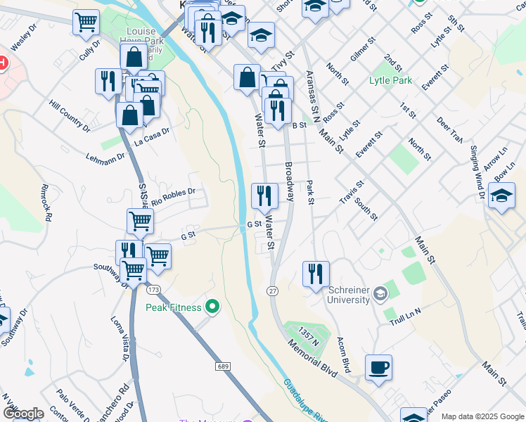 map of restaurants, bars, coffee shops, grocery stores, and more near 1621 Water Street in Kerrville