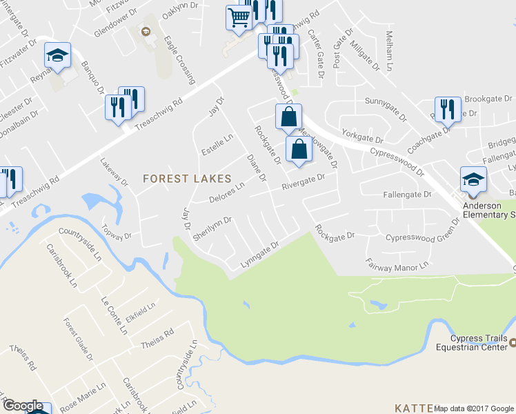 map of restaurants, bars, coffee shops, grocery stores, and more near 22223 Moss Falls Lane in Spring