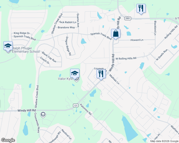 map of restaurants, bars, coffee shops, grocery stores, and more near 374 Triumph Road in Buda