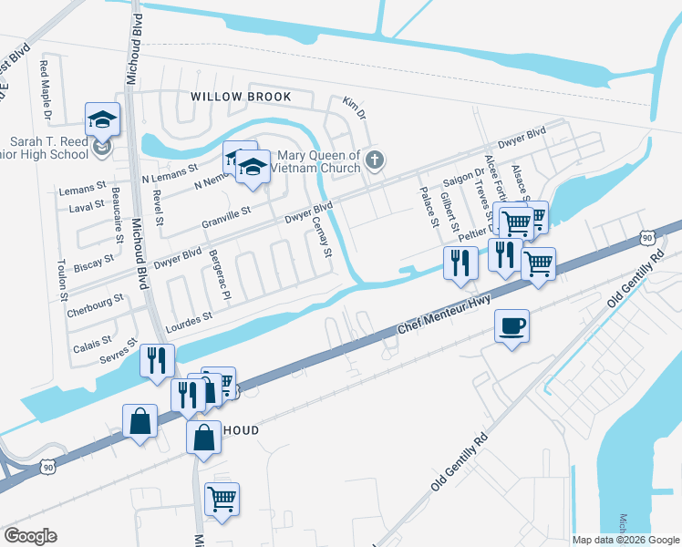 map of restaurants, bars, coffee shops, grocery stores, and more near 13758 Lourdes Street in New Orleans