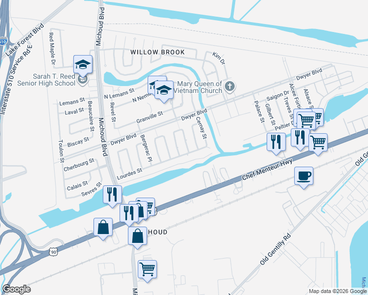 map of restaurants, bars, coffee shops, grocery stores, and more near 4800 Brittany Court in New Orleans