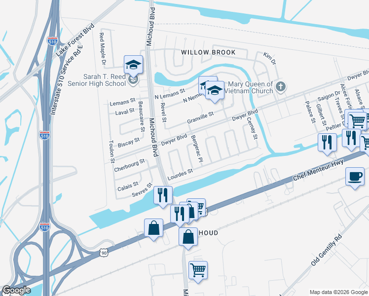 map of restaurants, bars, coffee shops, grocery stores, and more near 4941 Savoie Court in New Orleans