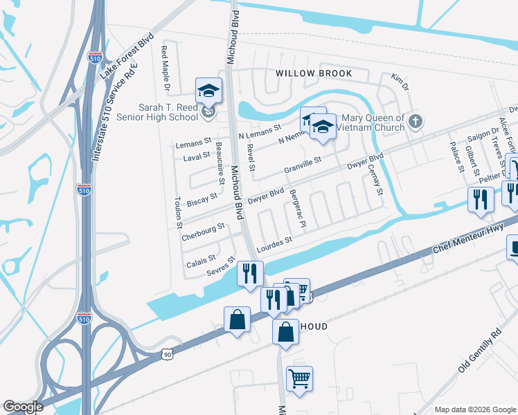 map of restaurants, bars, coffee shops, grocery stores, and more near 4941 Savoie Court in New Orleans