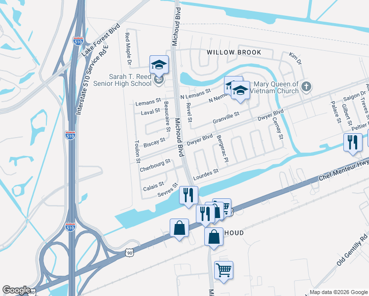 map of restaurants, bars, coffee shops, grocery stores, and more near 4927 Michoud Boulevard in New Orleans