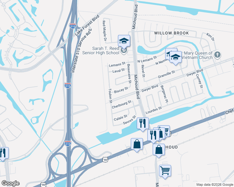 map of restaurants, bars, coffee shops, grocery stores, and more near 1340 Dwyer Boulevard in New Orleans