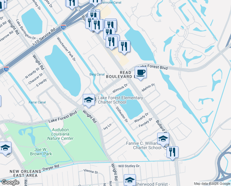 map of restaurants, bars, coffee shops, grocery stores, and more near 5597 Stillwater Drive in New Orleans