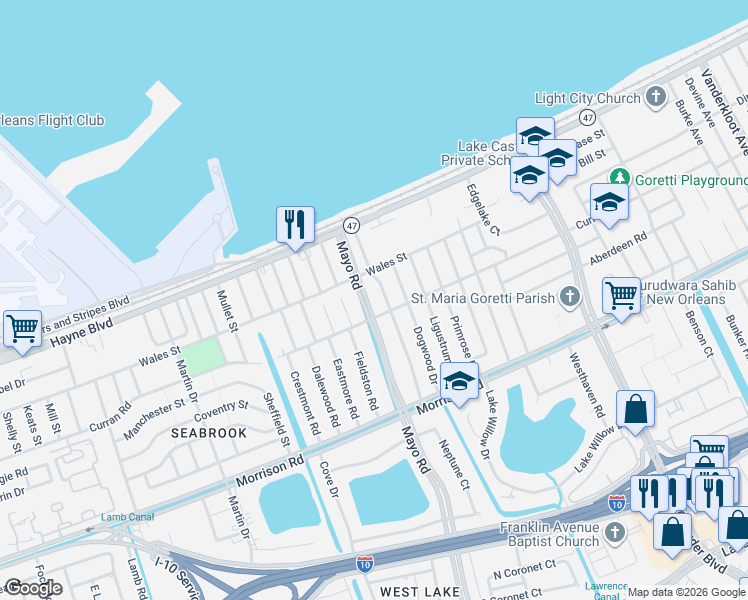 map of restaurants, bars, coffee shops, grocery stores, and more near 7701 Mayo Boulevard in New Orleans