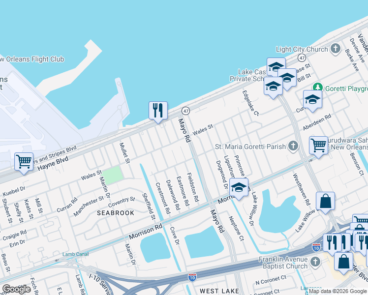 map of restaurants, bars, coffee shops, grocery stores, and more near 7716 Doyle Court in New Orleans