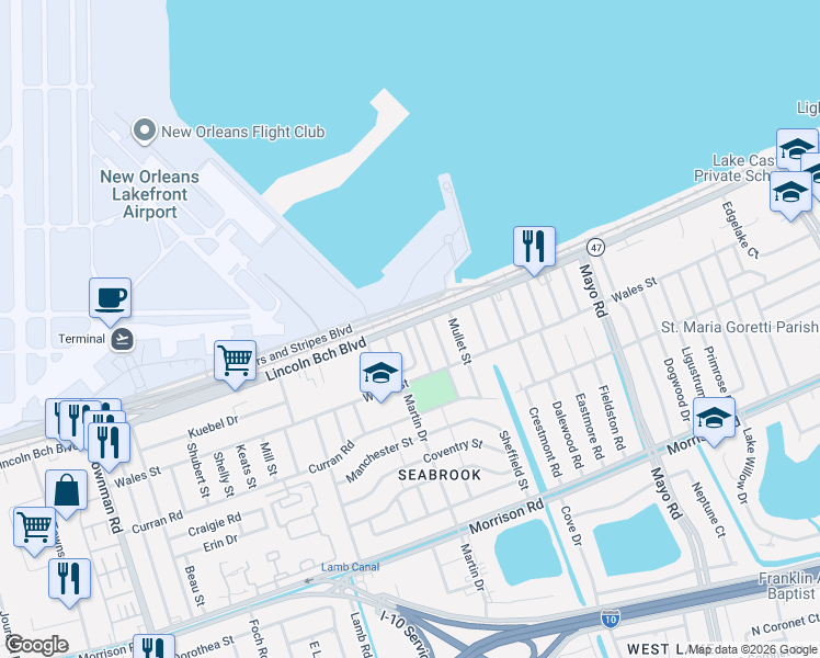 map of restaurants, bars, coffee shops, grocery stores, and more near 52 Martin Drive in New Orleans