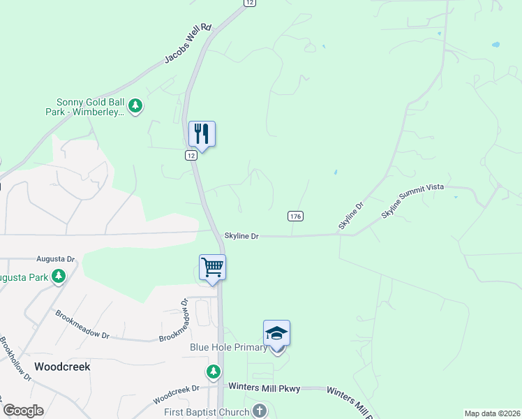 map of restaurants, bars, coffee shops, grocery stores, and more near 450 Eagles Nest Drive in Wimberley