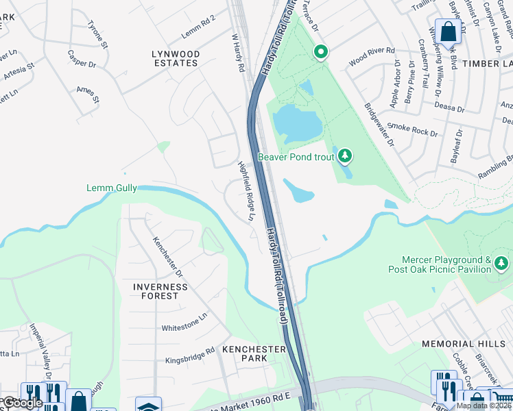 map of restaurants, bars, coffee shops, grocery stores, and more near 22414 Highfield Ridge Lane in Spring