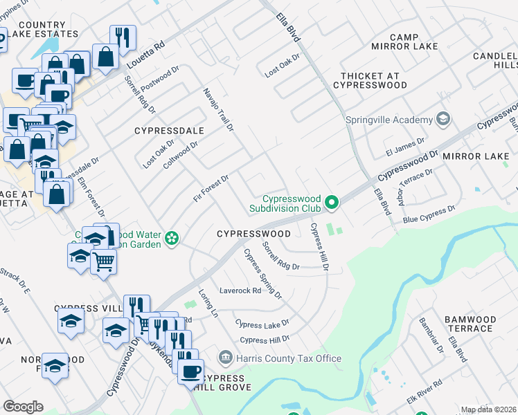 map of restaurants, bars, coffee shops, grocery stores, and more near 3915 El James Drive in Spring