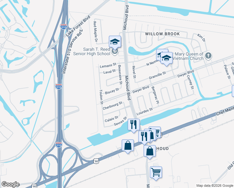 map of restaurants, bars, coffee shops, grocery stores, and more near 1321 Dwyer Boulevard in New Orleans