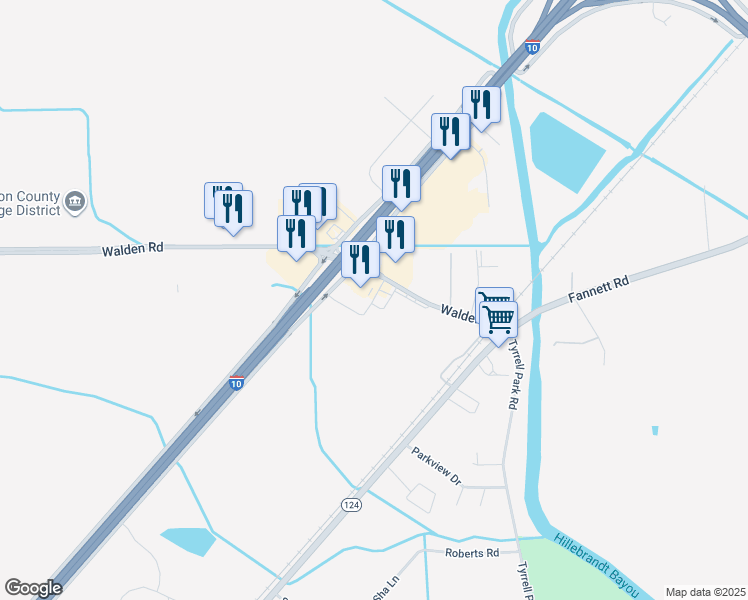 map of restaurants, bars, coffee shops, grocery stores, and more near 5425 Walden Road in Beaumont