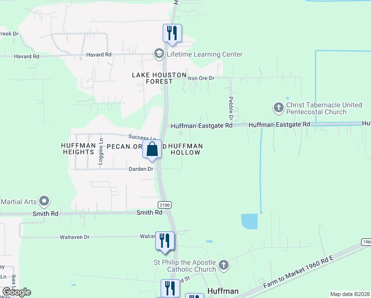 map of restaurants, bars, coffee shops, grocery stores, and more near 25000 Farm to Market 2100 in Huffman