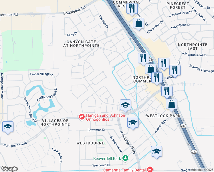 map of restaurants, bars, coffee shops, grocery stores, and more near 11903 Canyon Rock Lane in Tomball