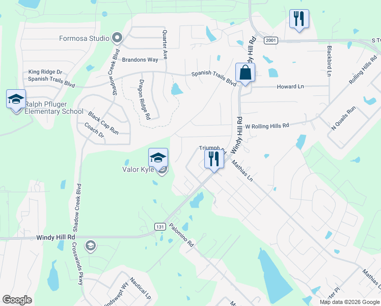 map of restaurants, bars, coffee shops, grocery stores, and more near 374 Triumph Road in Buda