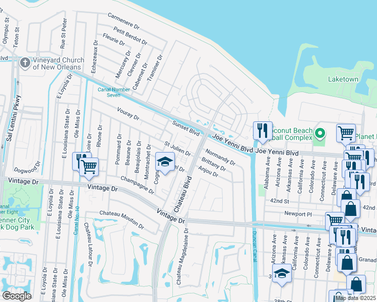 map of restaurants, bars, coffee shops, grocery stores, and more near 4218 Chateau Boulevard in Kenner