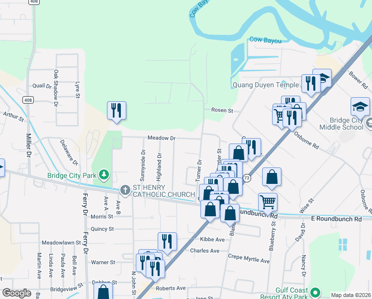 map of restaurants, bars, coffee shops, grocery stores, and more near 235 Turner Lane in Bridge City