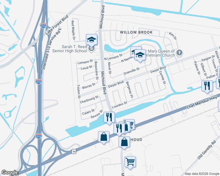 map of restaurants, bars, coffee shops, grocery stores, and more near 4927 Michoud Boulevard in New Orleans