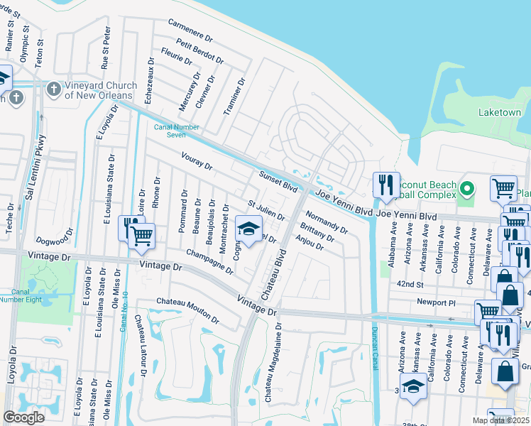 map of restaurants, bars, coffee shops, grocery stores, and more near 4220 Arbor Court in Kenner