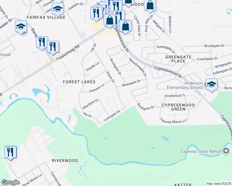 map of restaurants, bars, coffee shops, grocery stores, and more near 22201 Diane Drive in Spring