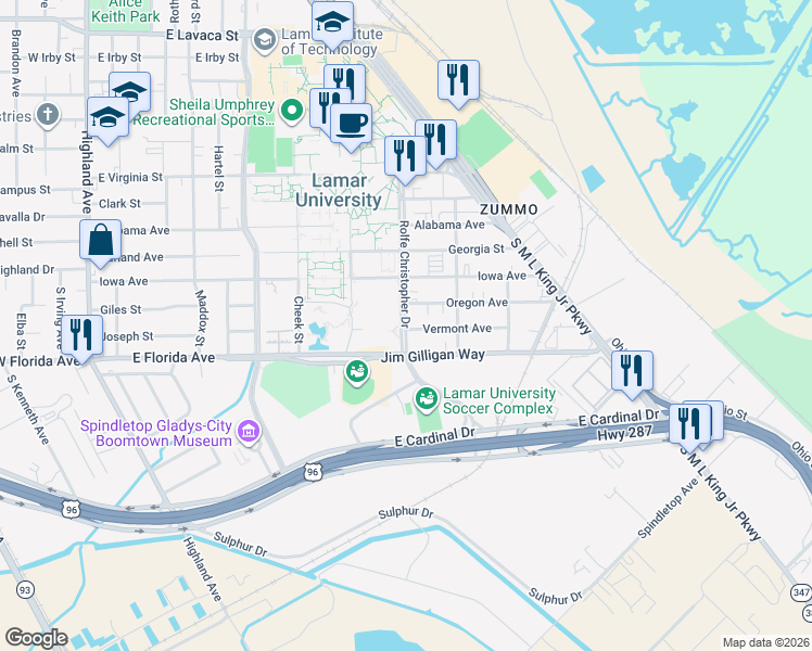 map of restaurants, bars, coffee shops, grocery stores, and more near Rolfe Christopher Drive in Beaumont