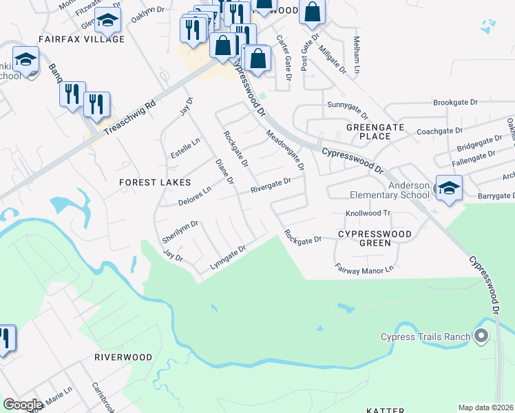 map of restaurants, bars, coffee shops, grocery stores, and more near 5506 Rivergate Drive in Spring