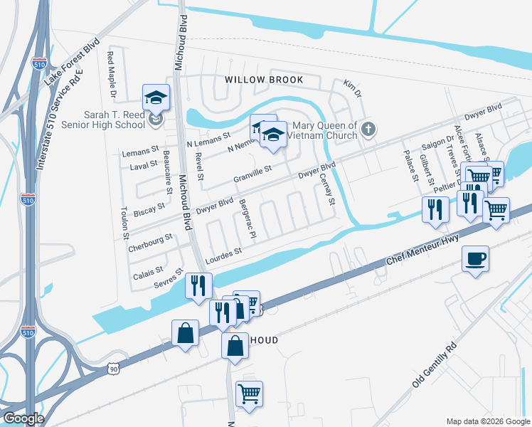 map of restaurants, bars, coffee shops, grocery stores, and more near 4926 Charmes Court in New Orleans