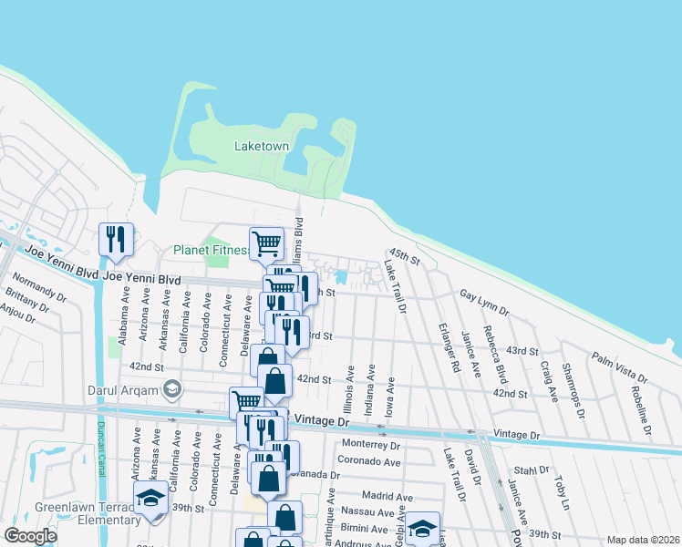 map of restaurants, bars, coffee shops, grocery stores, and more near 4520 Williams Boulevard in Kenner