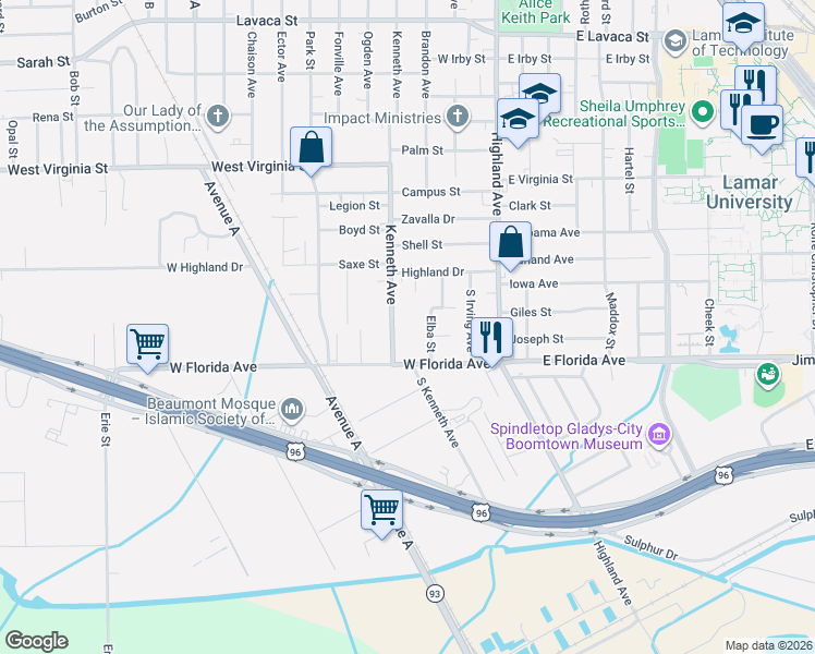 map of restaurants, bars, coffee shops, grocery stores, and more near 4970 Metz Street in Beaumont