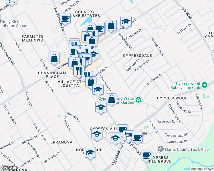 map of restaurants, bars, coffee shops, grocery stores, and more near Elm Forest Drive in Spring
