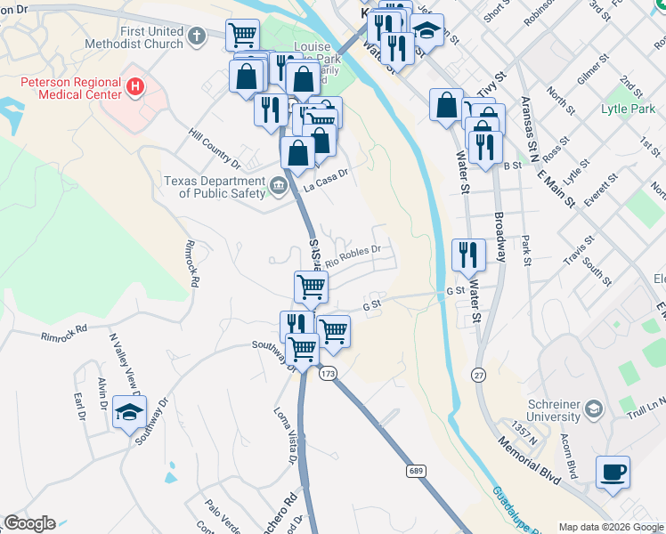 map of restaurants, bars, coffee shops, grocery stores, and more near 2 Pond Circle in Kerrville