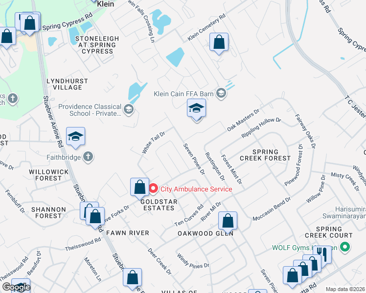map of restaurants, bars, coffee shops, grocery stores, and more near 17807 Seven Pines Drive in Spring