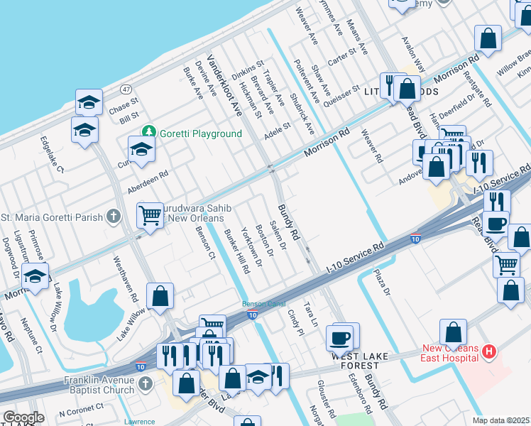 map of restaurants, bars, coffee shops, grocery stores, and more near 7210 Bundy Road in New Orleans