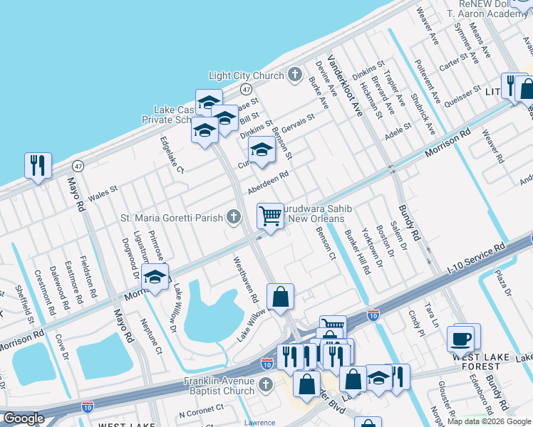 map of restaurants, bars, coffee shops, grocery stores, and more near 85 Morrison Court in New Orleans