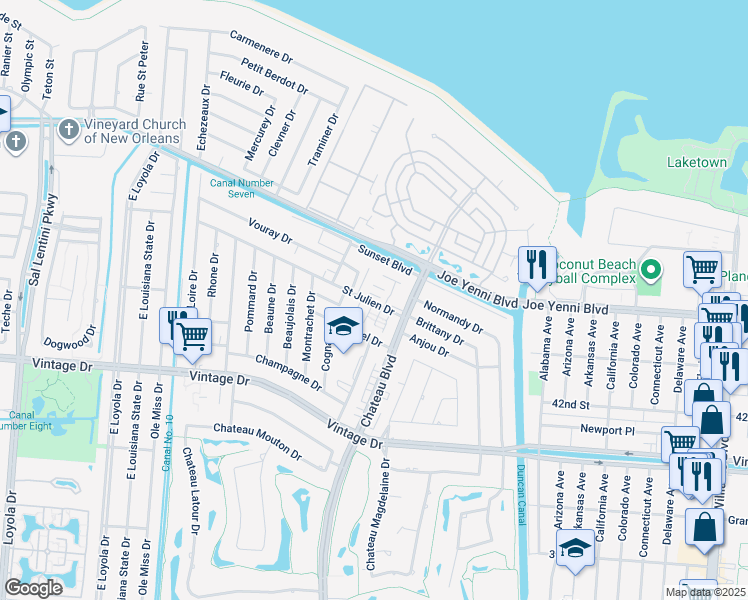 map of restaurants, bars, coffee shops, grocery stores, and more near 4212 Paradis Lane in Kenner