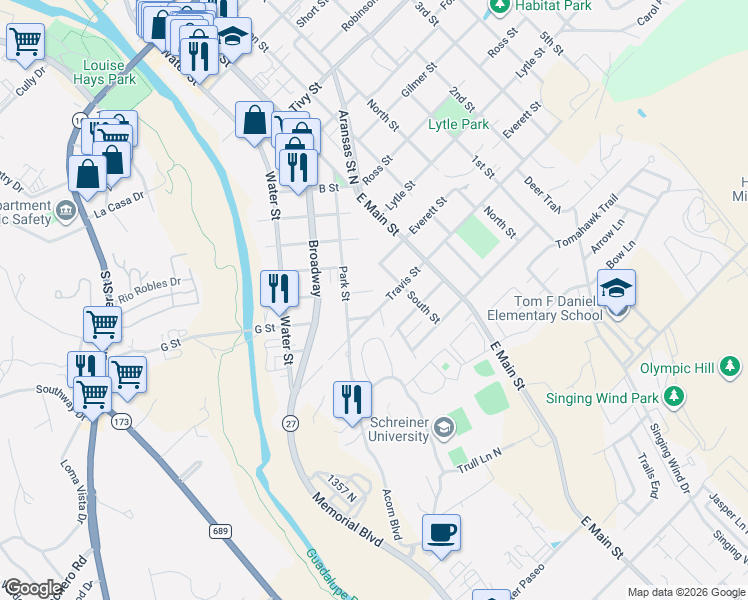 map of restaurants, bars, coffee shops, grocery stores, and more near 1517 South Street in Kerrville
