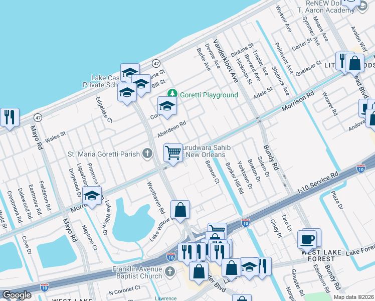 map of restaurants, bars, coffee shops, grocery stores, and more near 8540 Scottsdale Drive in New Orleans