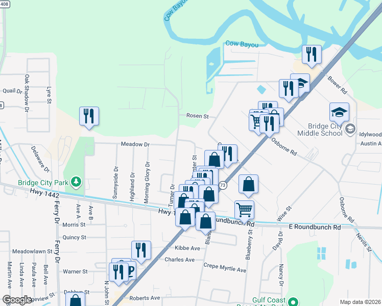 map of restaurants, bars, coffee shops, grocery stores, and more near 986 Center Street in Bridge City