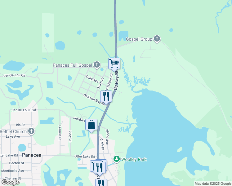 map of restaurants, bars, coffee shops, grocery stores, and more near 1558 Coastal Highway in Panacea