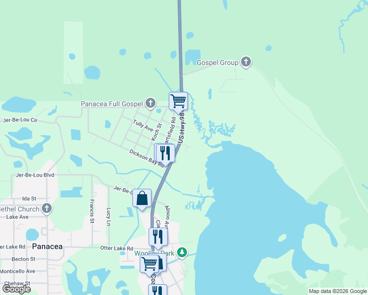 map of restaurants, bars, coffee shops, grocery stores, and more near 3 Quiet Cove Trail in Panacea