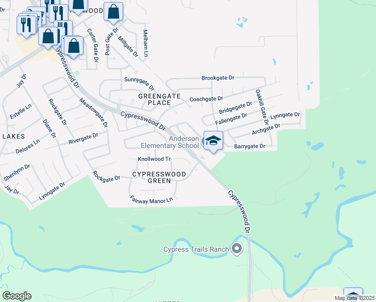 map of restaurants, bars, coffee shops, grocery stores, and more near 22163 Cypresswood Drive in Spring