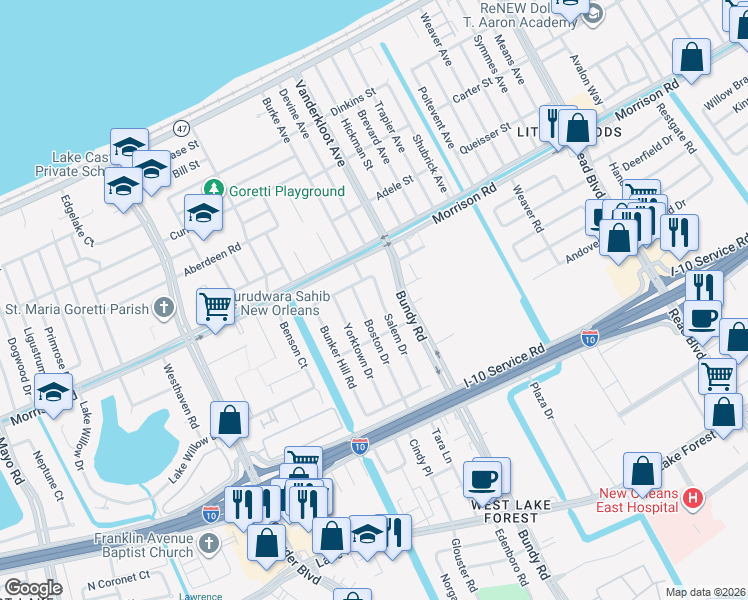 map of restaurants, bars, coffee shops, grocery stores, and more near 8944 Bunker Hill Road in New Orleans