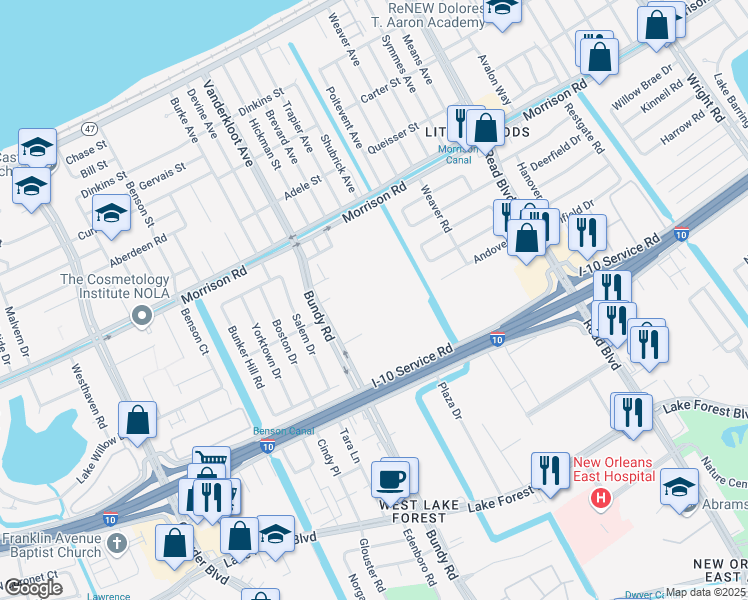map of restaurants, bars, coffee shops, grocery stores, and more near 7001 Bundy Road in New Orleans