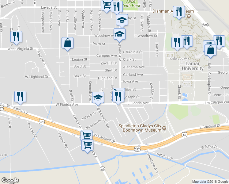 map of restaurants, bars, coffee shops, grocery stores, and more near 590 Augusta Street in Beaumont